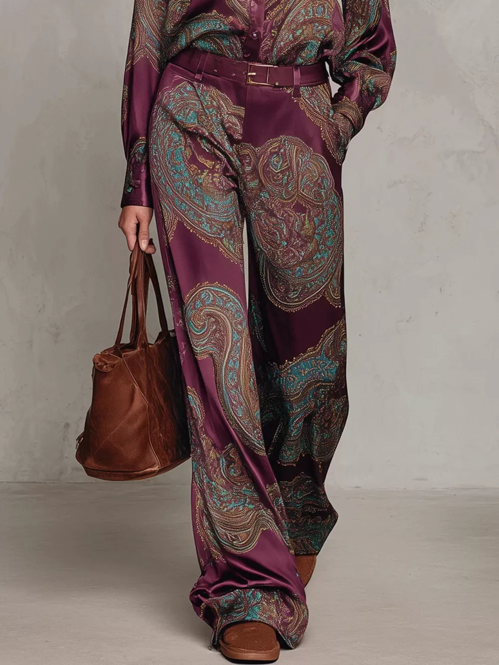 Paisley Print Long Sleeve Shirt and Wide-Leg Pants Set, image 6