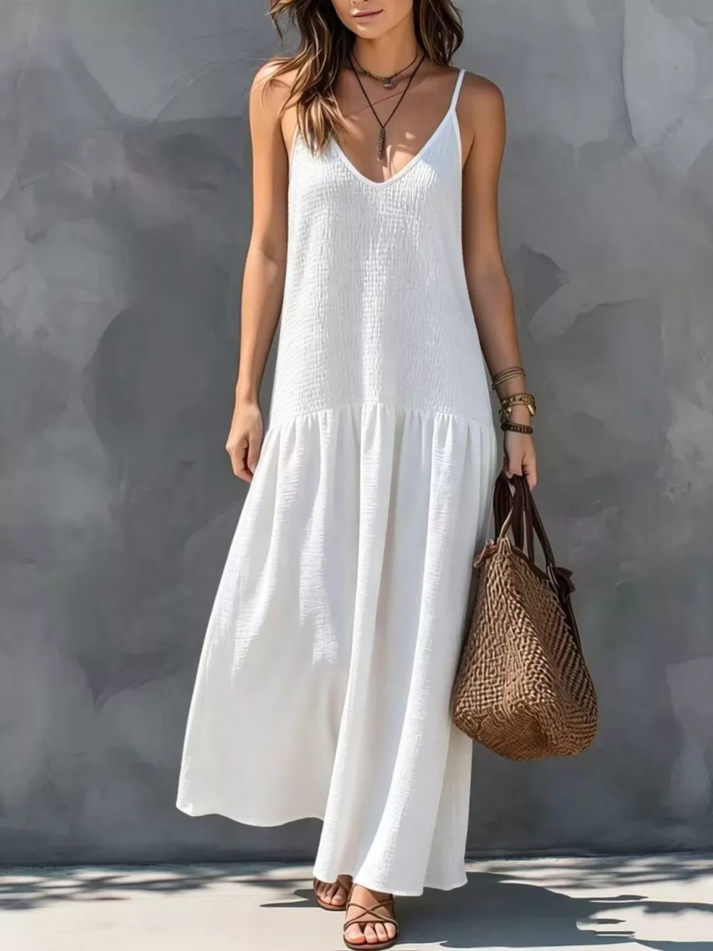 Sleeveless Smocked V-Neck Casual Maxi Dress, image 11