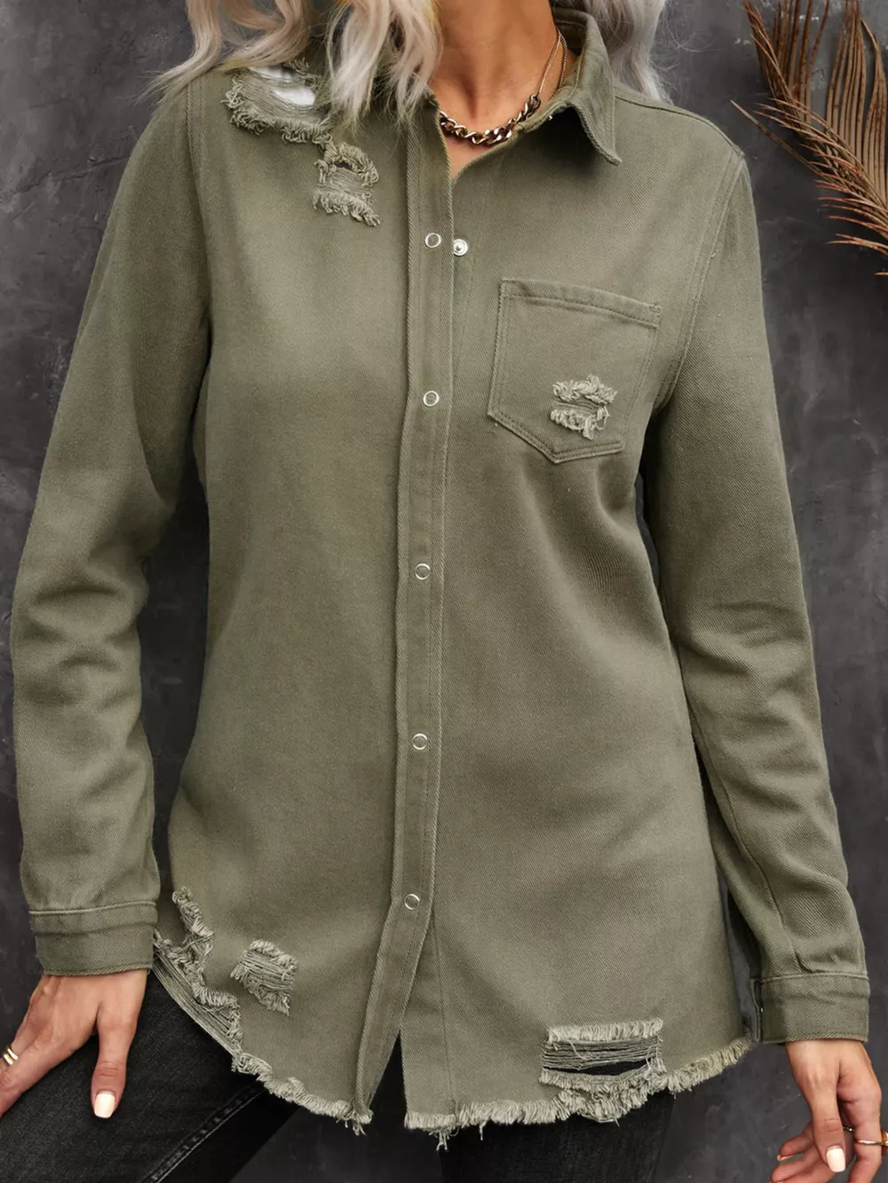 Raw Hem Distressed Denim Shirt Jacket, image 4