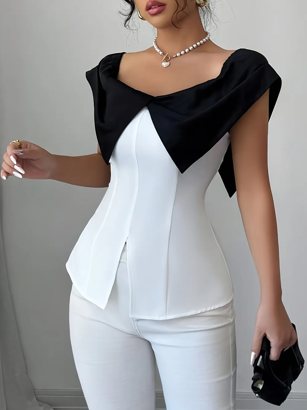 Slit Contrast Cap Sleeve Blouse, image 6