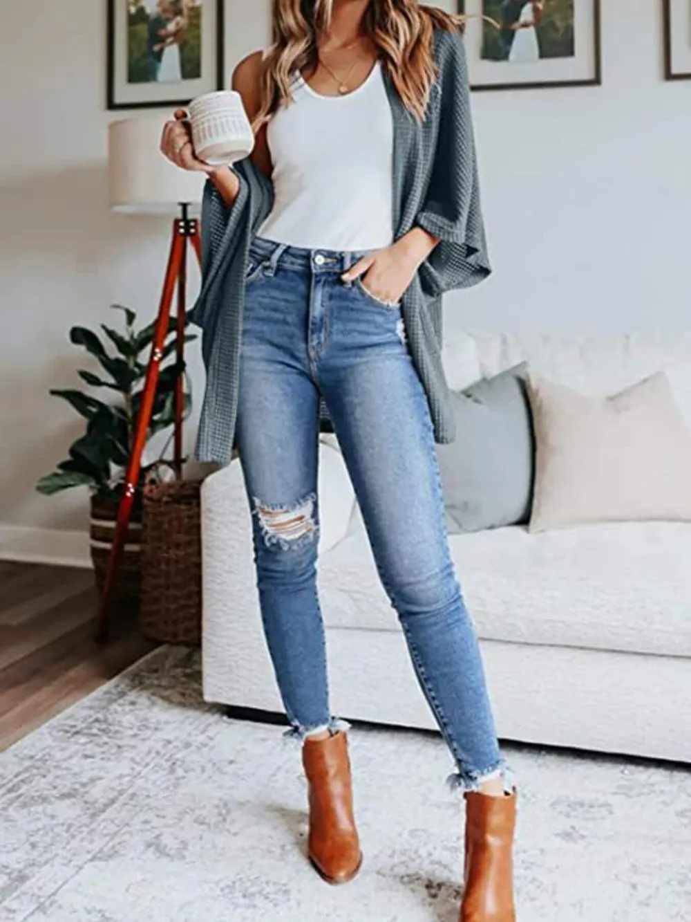 Full Size Open Front Waffle Knit Cardigan Plus Size, image 4