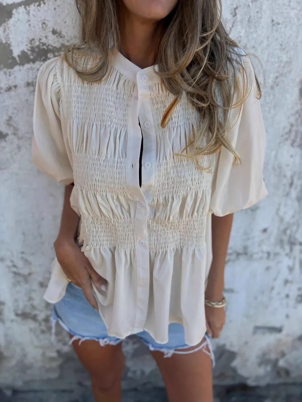 Full Size Smocked Button Front Puff Sleeve Shirt Plus Size