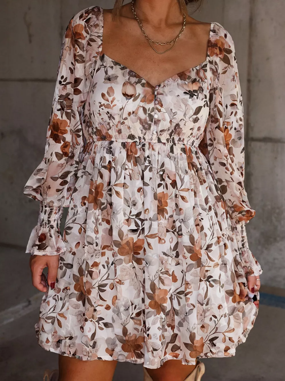 Floral Print Sweetheart Neck Long Sleeve High Waist Mini Dress, image 4