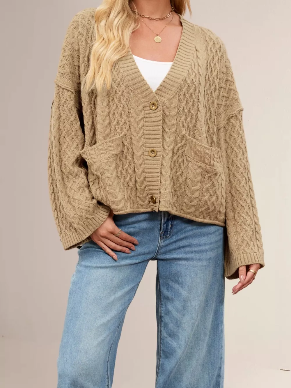 Cozy Cable Knit Cardigan with Pockets, image 2