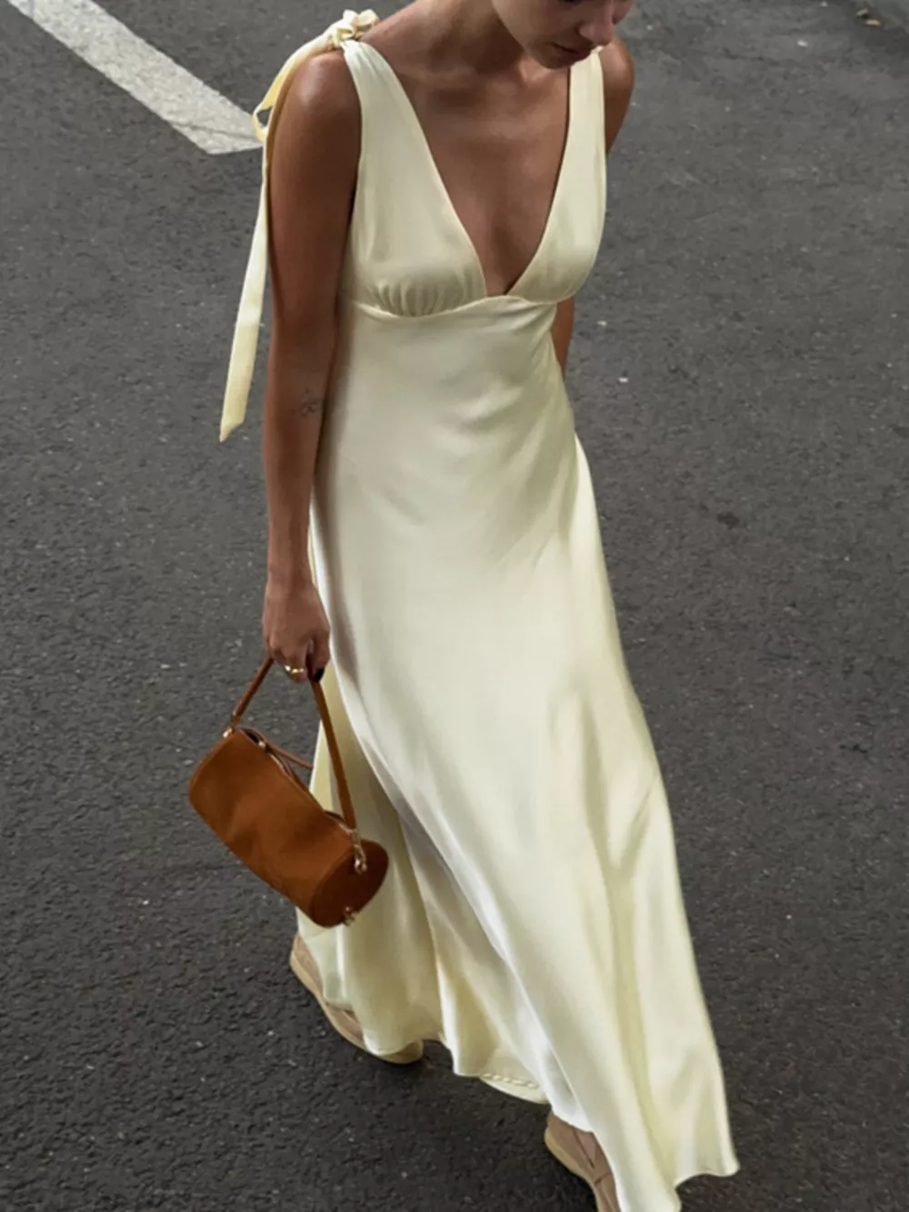 Satin Tie Shoulder Deep V-Neck Dress, image 2