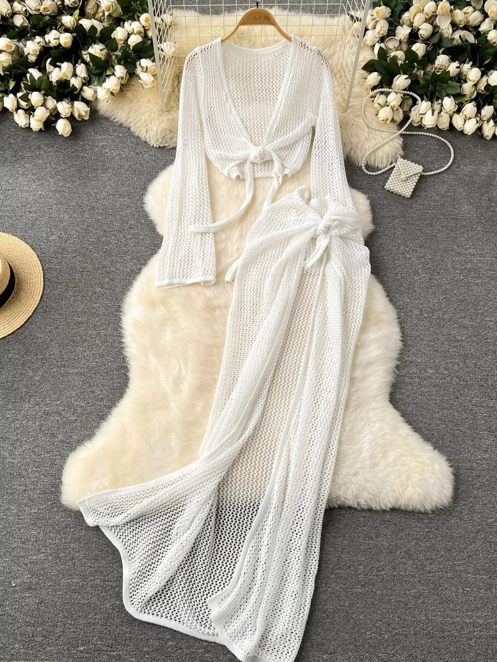 Knitted Crop Top and Slit Skirt Set, image 15