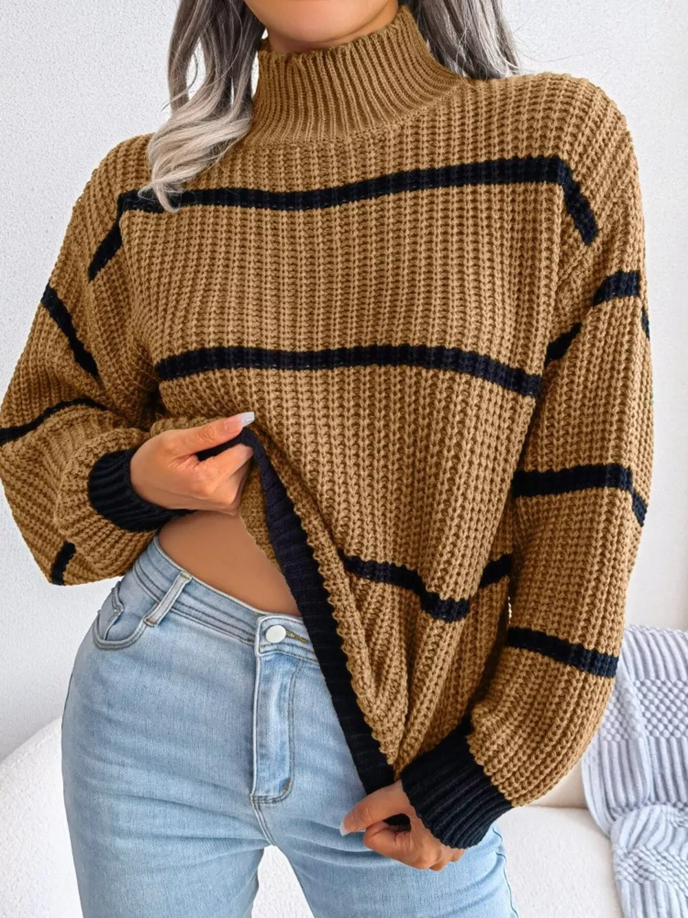 Striped Mock Neck Knit Sweater