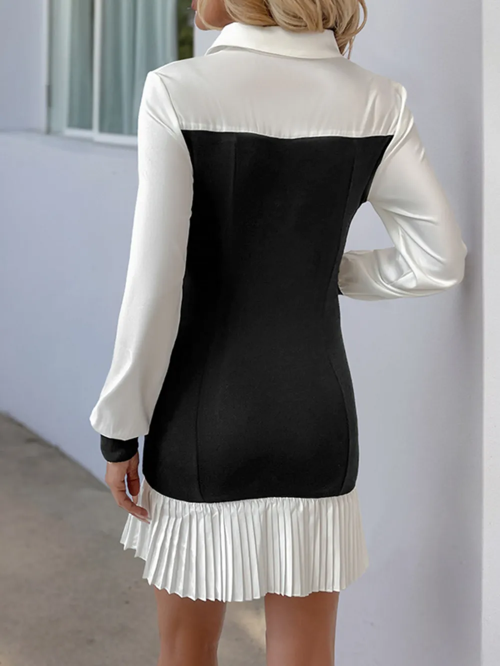 Two Tone Pleated Long Sleeve Shirt Dress, image 3
