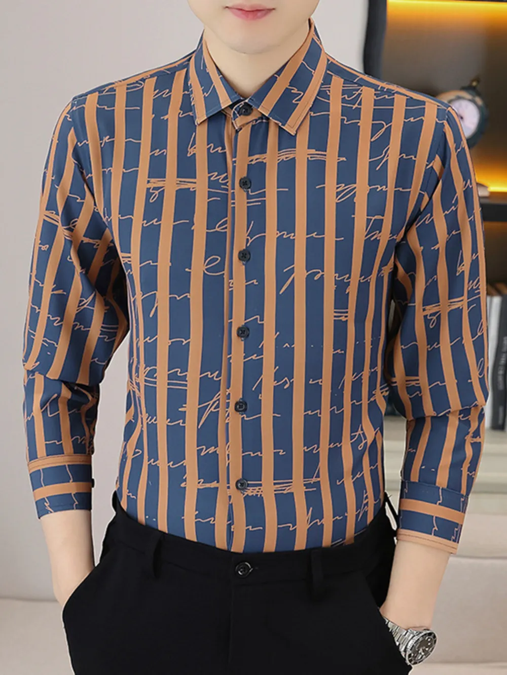 Men's Plus Size Striped Button Up Long Sleeve Shirt, image 3