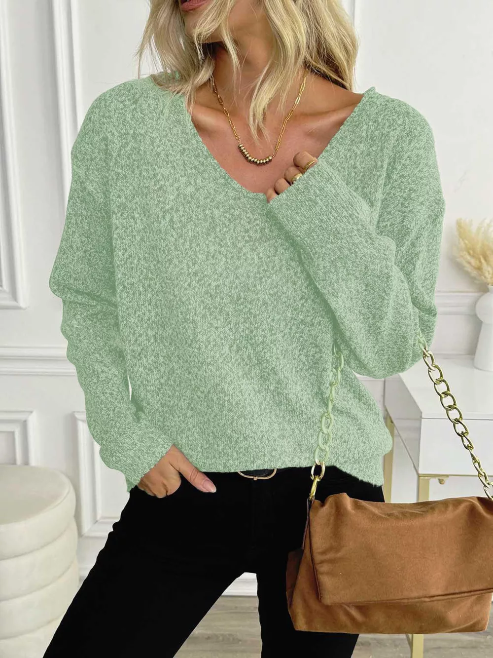 Casual V-Neck Drop Shoulder Sweater, image 7