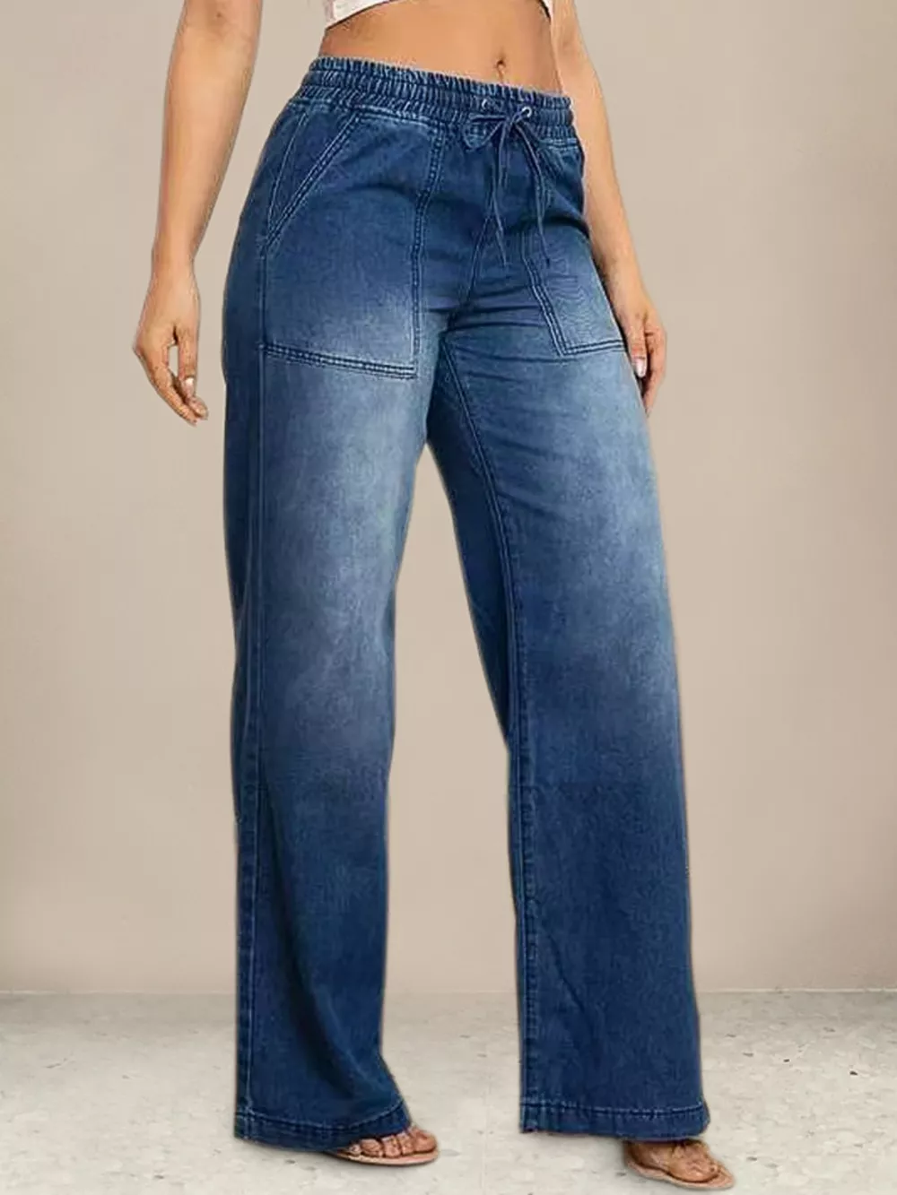 Drawstring Waist Wide Leg Jeans, image 3