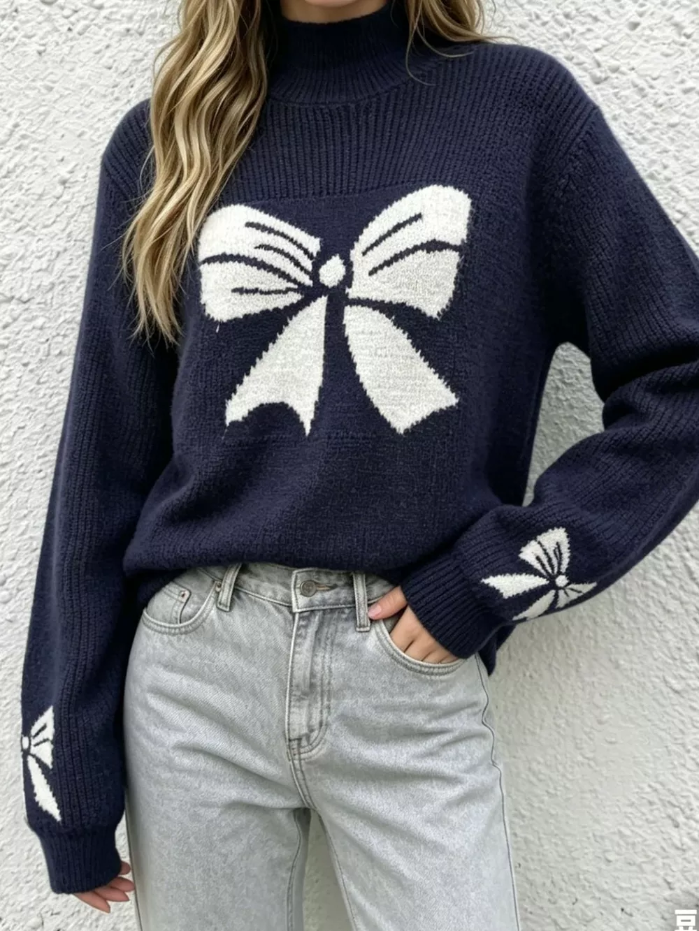 Bowknot Pattern Mock Neck Sweater, image 5
