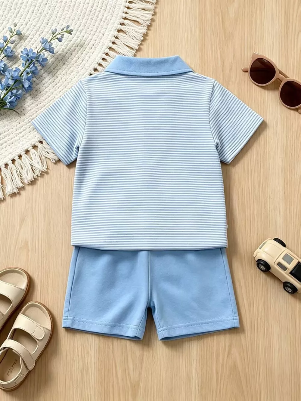 Children's Striped Polo Shirt & Shorts Set with Apple Embroidery, image 8