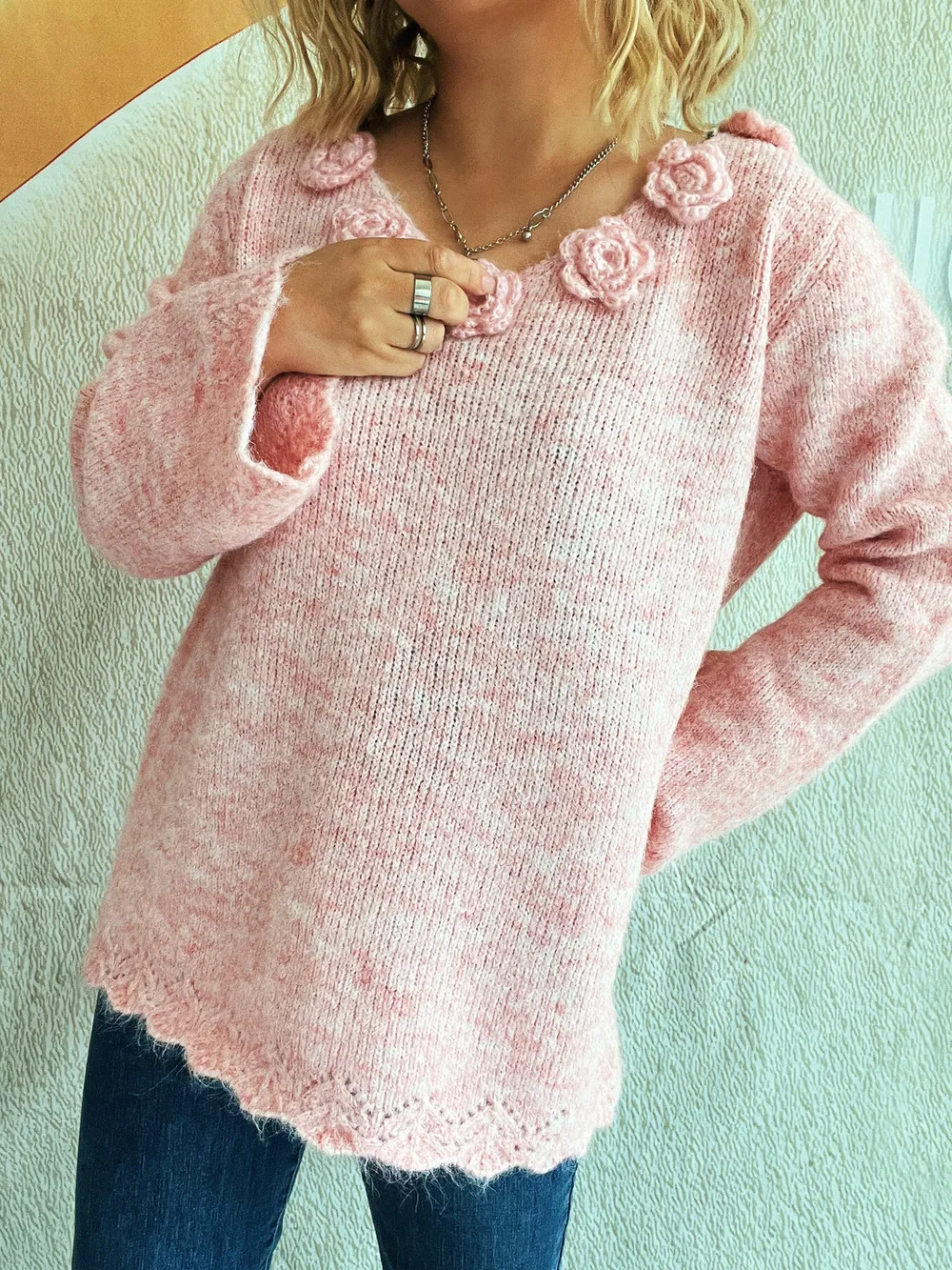 Flower V-Neck Long Sleeve Sweater, image 15