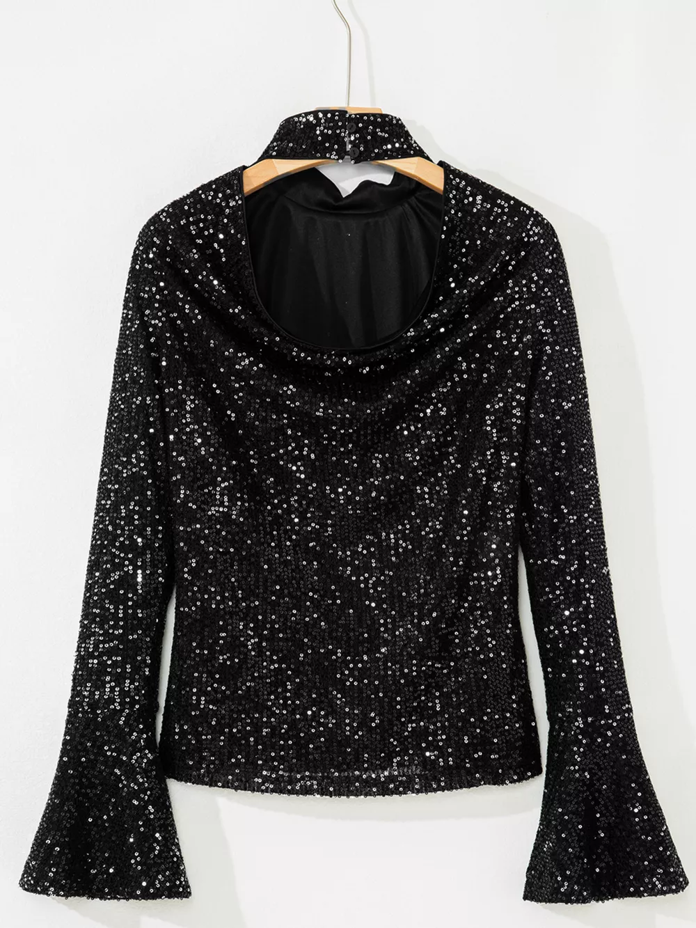 Sequin Mock Neck Drape Open Back Bell Sleeve Top, image 6