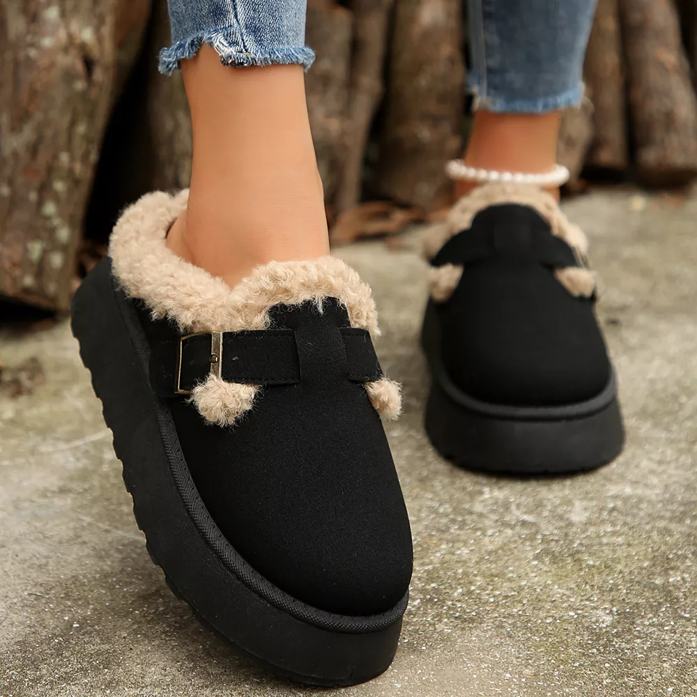 Fuzzy Trim Buckle Platform Slippers, image 3