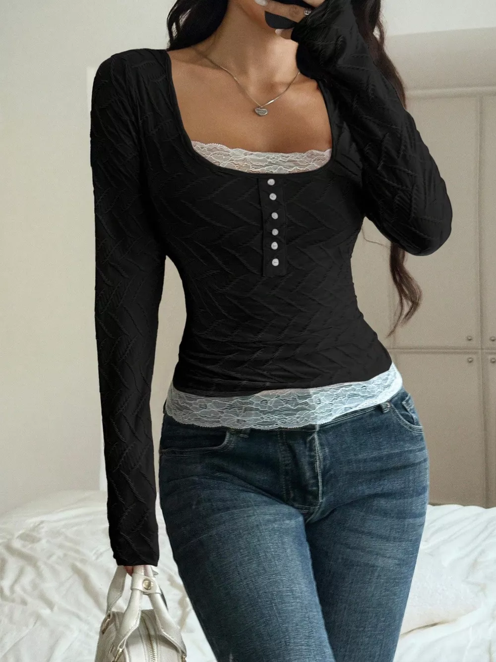 Square Neck Lace Trim Textured T-Shirt, image 7