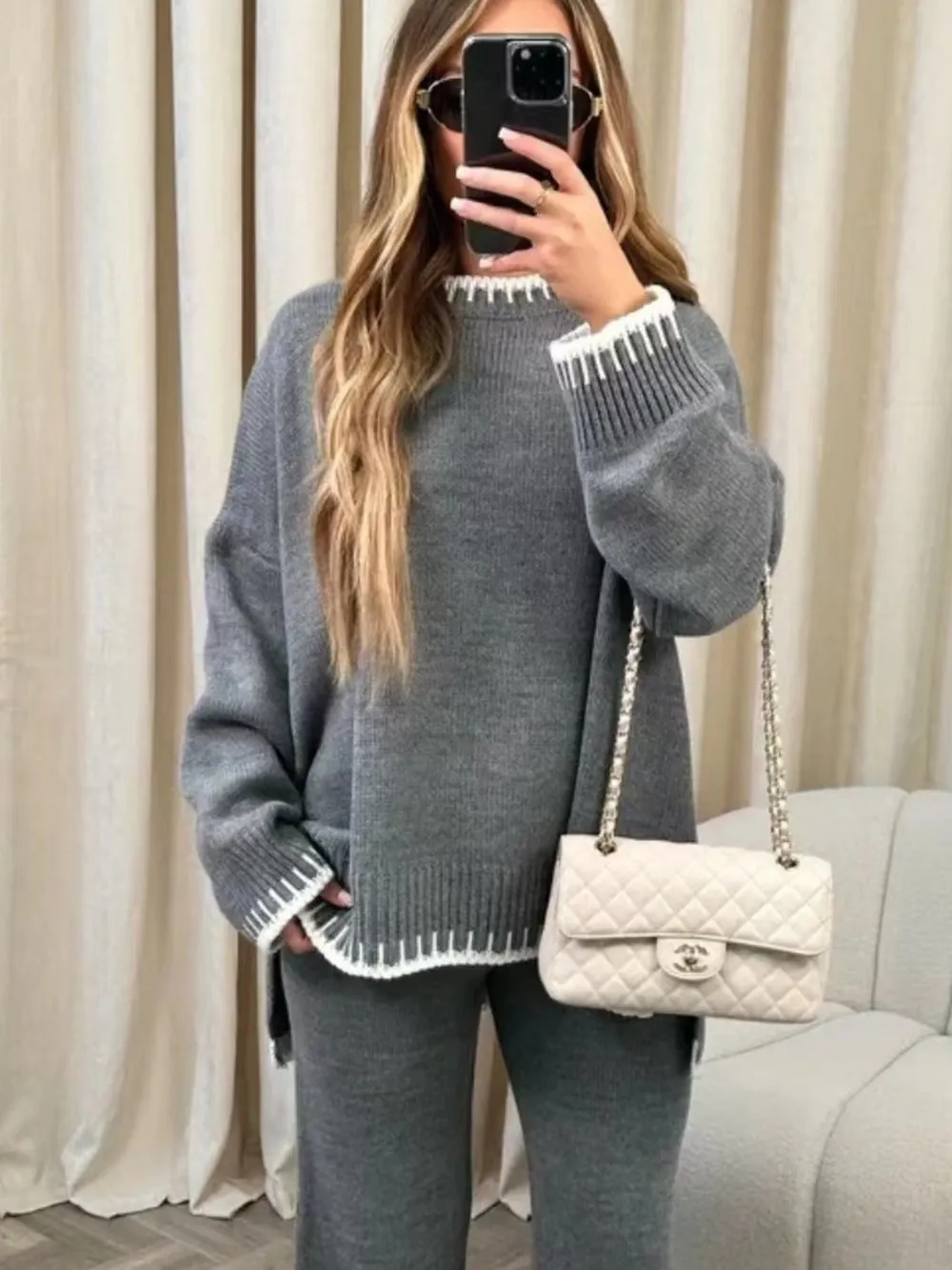 Contrast Trim Round Neck Top and Pants Sweater Set, image 7