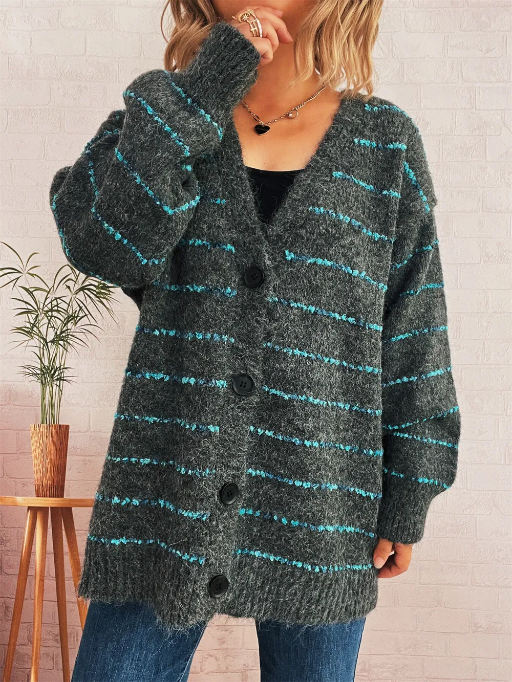 Striped Button-Up Cardigan with V-Neck Design, image 21