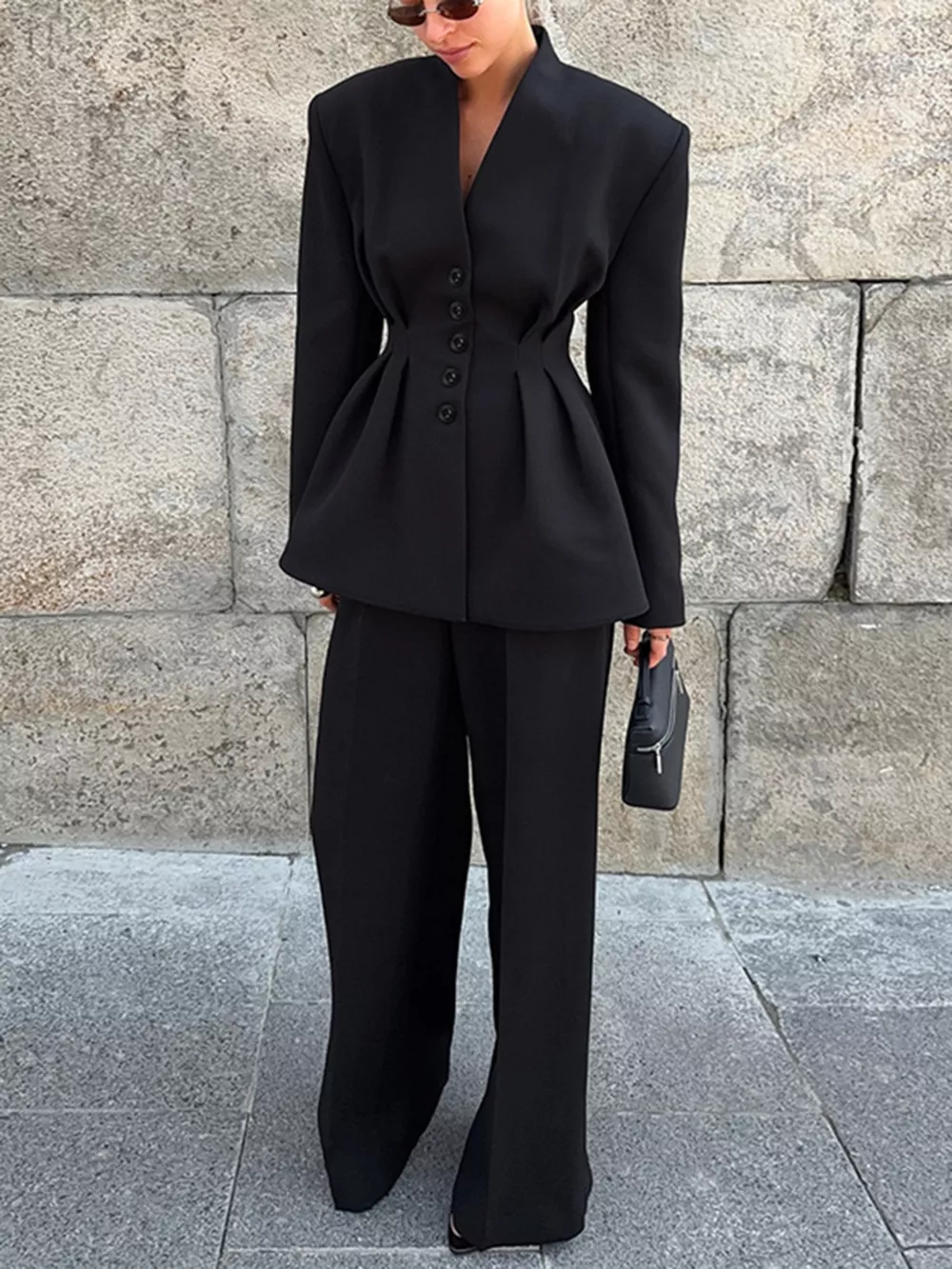 Chic Button Down Pleated Blazer and Wide-Leg Pants Suit Set, image 5