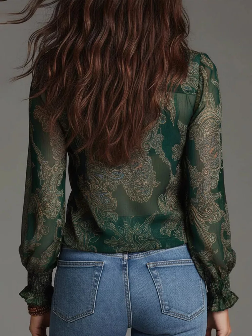 Full Size Paisley Print Ruffle Trim Zip-Front Blouse Plus Size, image 14