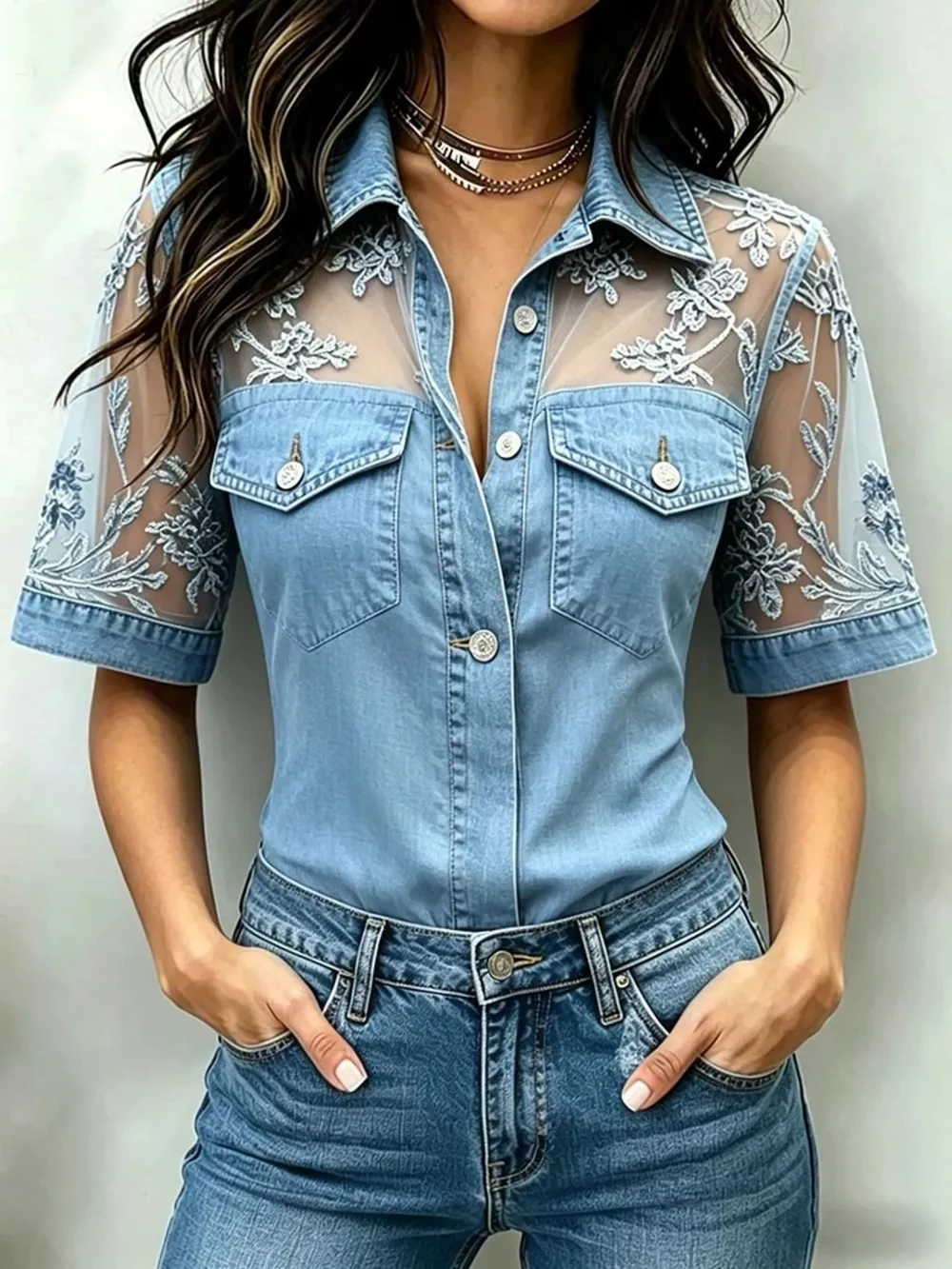 Full Size Denim Look Lace Short Sleeve Shirt Plus Size