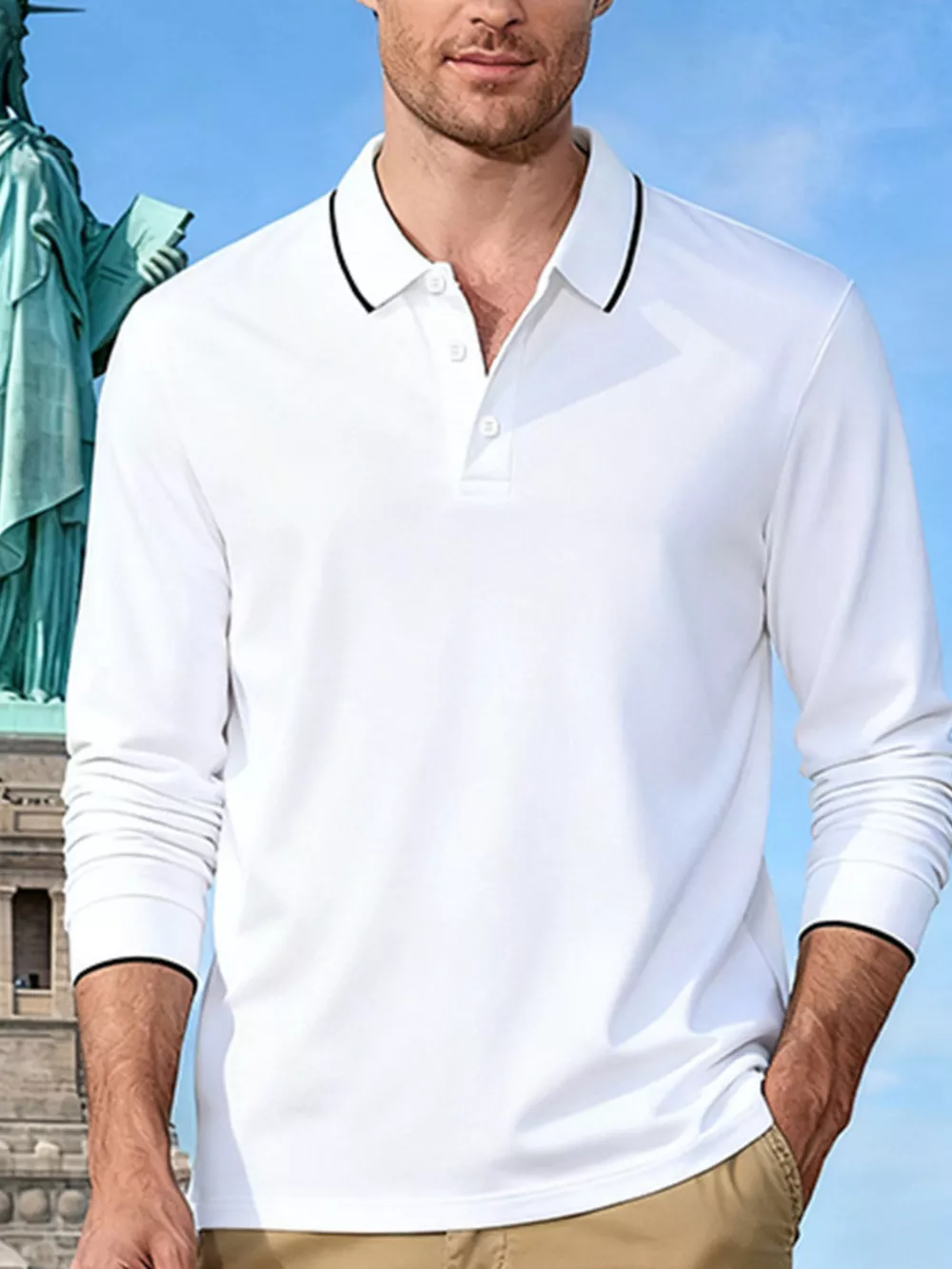 Men's Full Size Classic Long-Sleeve Polo Shirt with Contrast Trim Plus Size, image 14