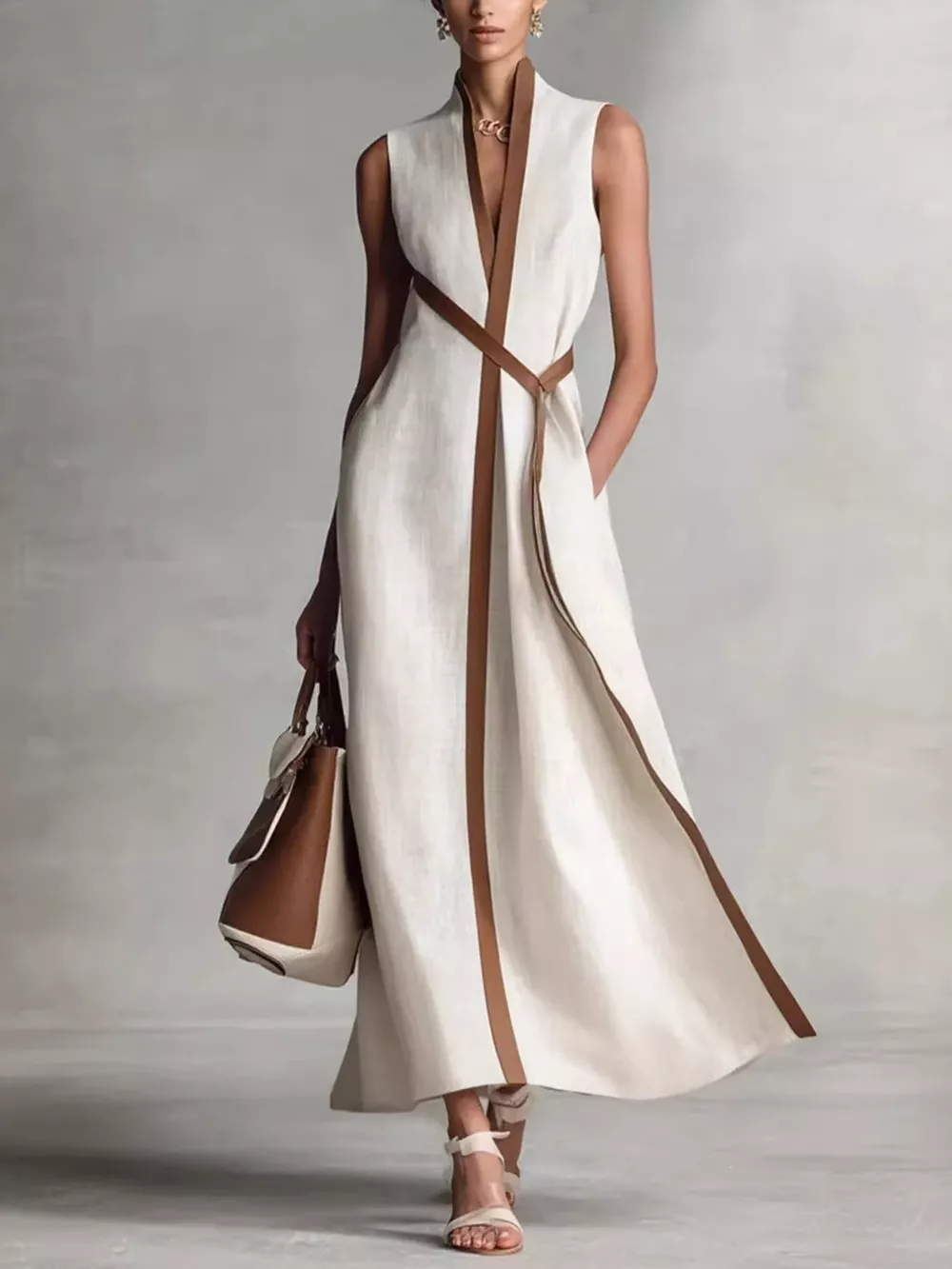 Full Size Sleeveless Wrap Maxi Dress with Contrast Trim Plus Size