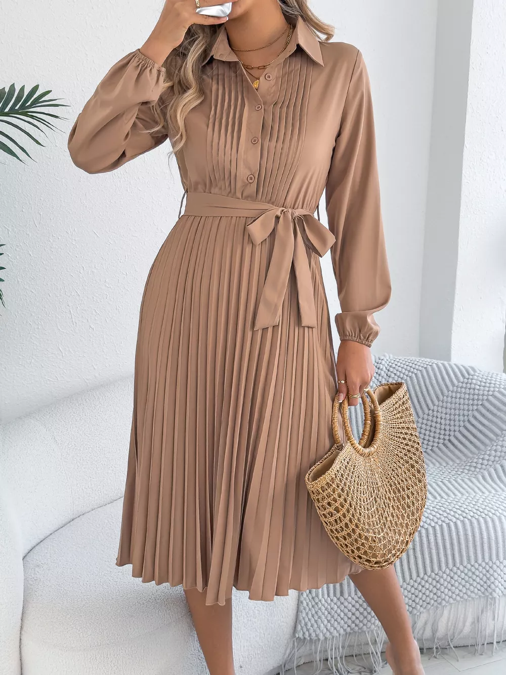 Pleated Tie Waist Balloon Sleeve Dress, image 5