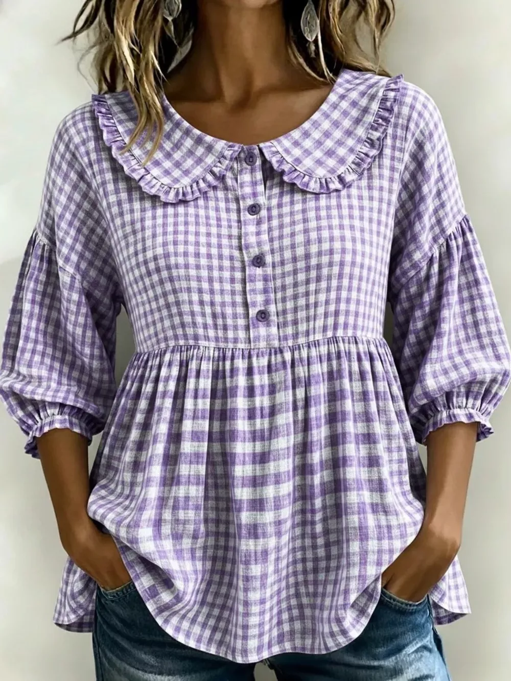 Full Size Gingham Peter Pan Collar Blouse Plus Size, image 3
