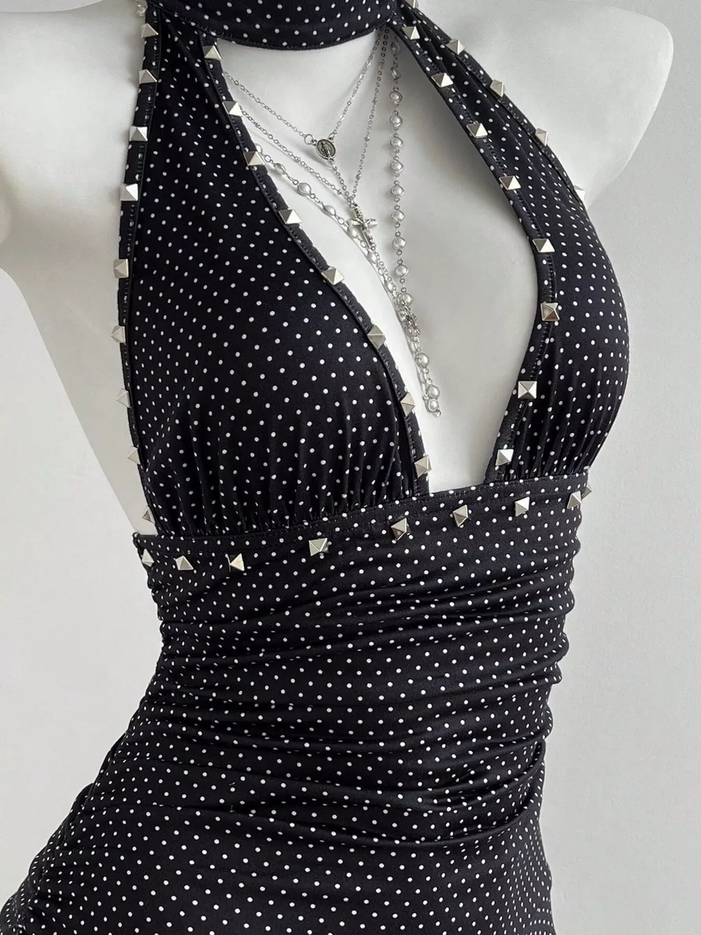 Polka Dot Cutout Front Halter Neck Dress, image 5