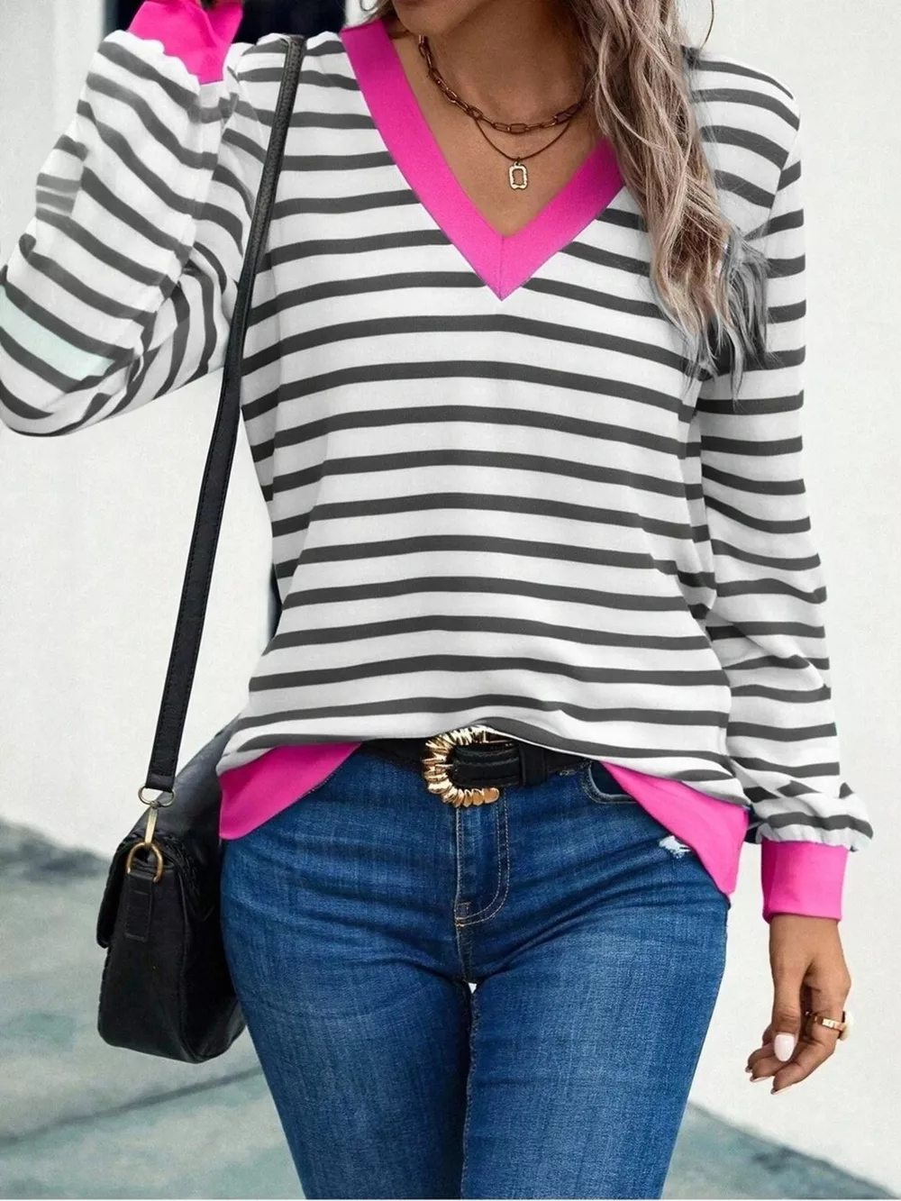 Striped V-Neck Long Sleeve T-Shirt, image 13