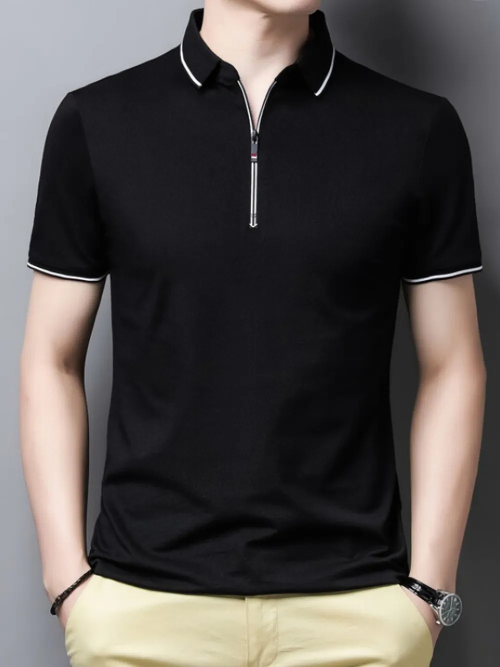 Men's Plus Size Half-Zip Contrast Trim Polo Shirt