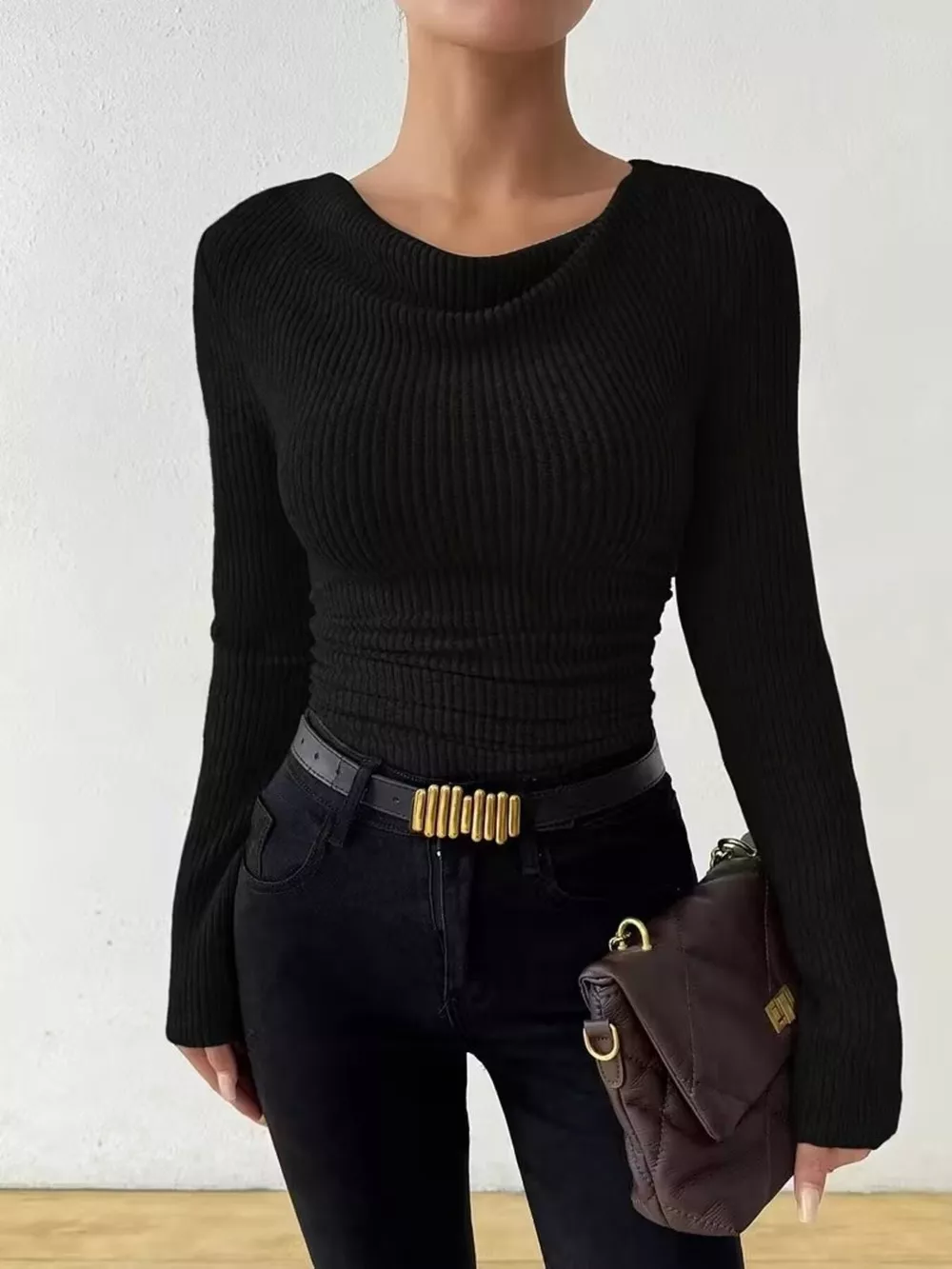 Cowl Neck Ribbed Knit Top, image 6