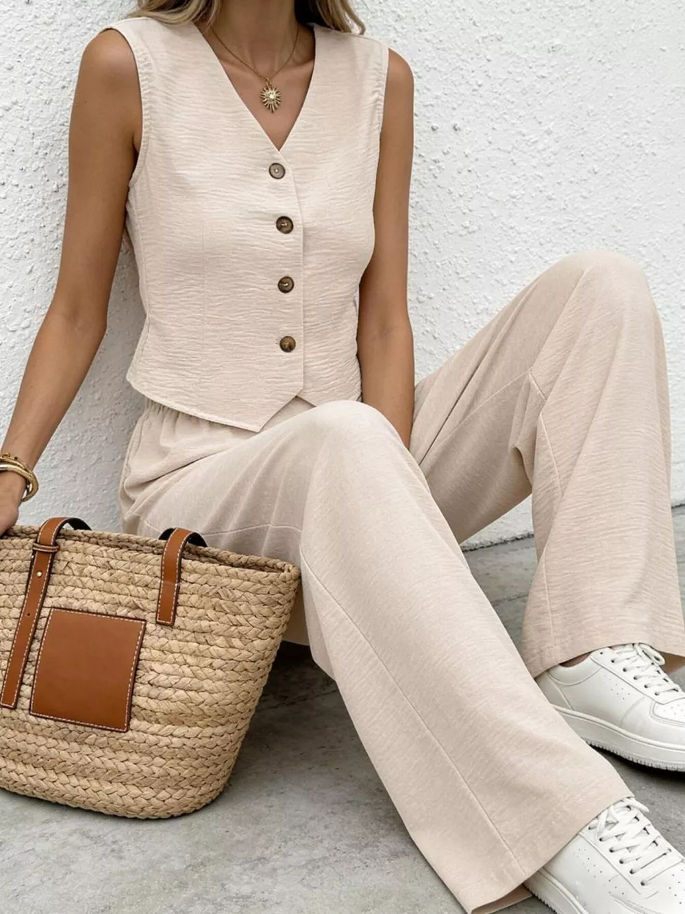 Button Up Vest and Wide Leg Pants Set, image 5