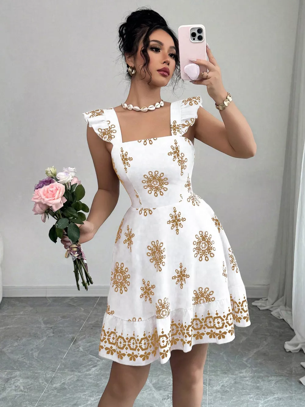 Printed Bow Back Square Neck Mini Dress, image 17
