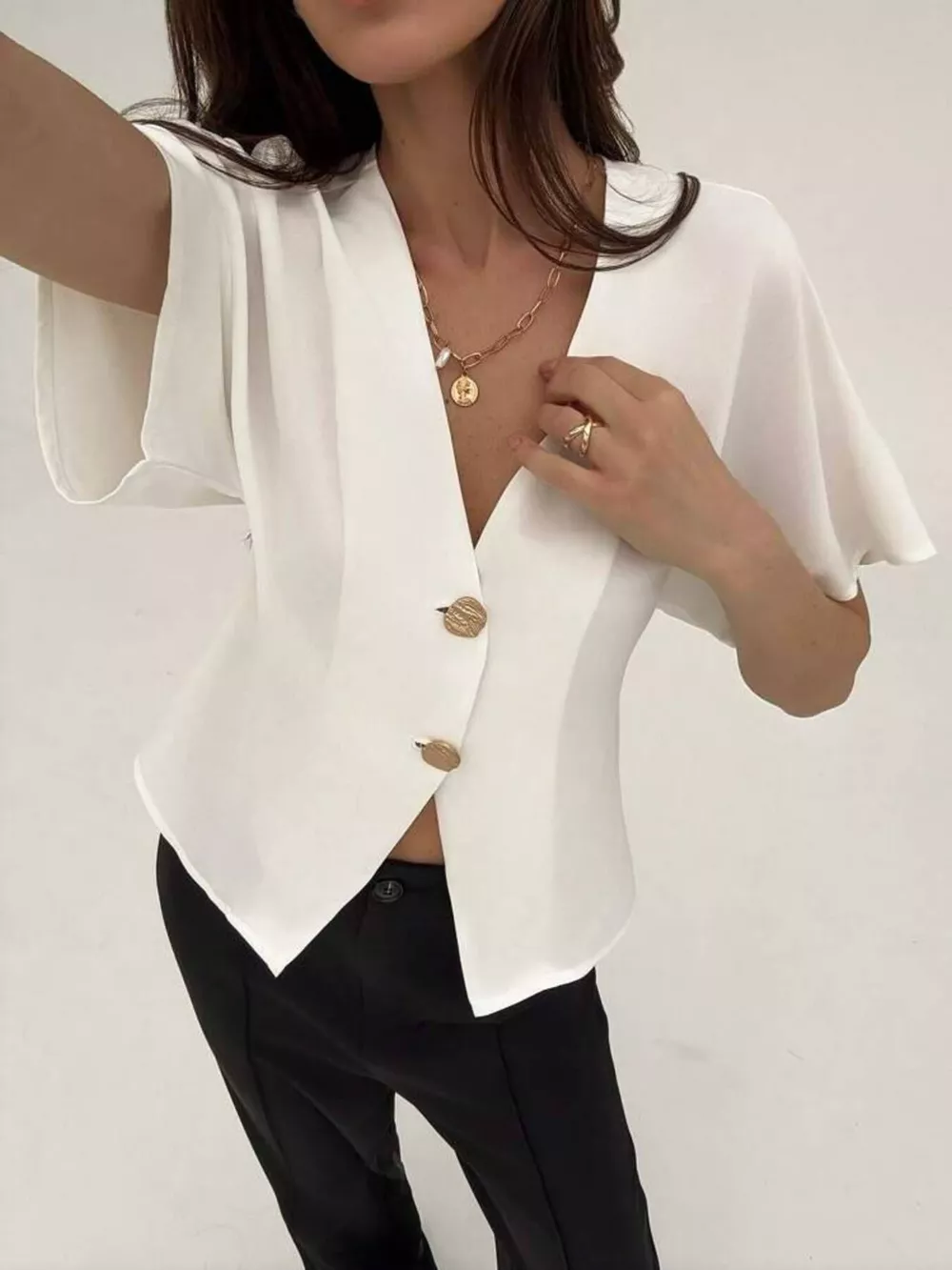 V-Neck Button-Up Short Sleeve Shirt, image 4