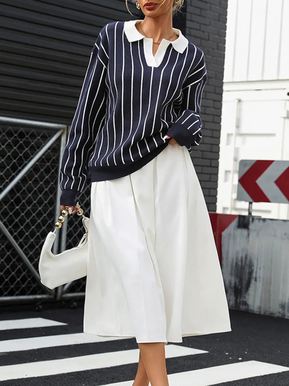 Stripe Contrast Collar Long Sleeve Knit Top, image 2