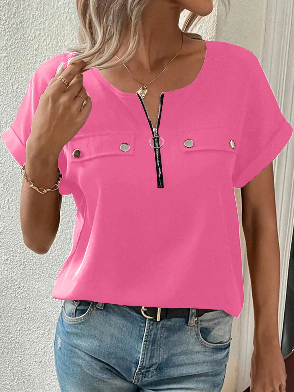 Casual Zipper Front Short Sleeve Blouse, image 3