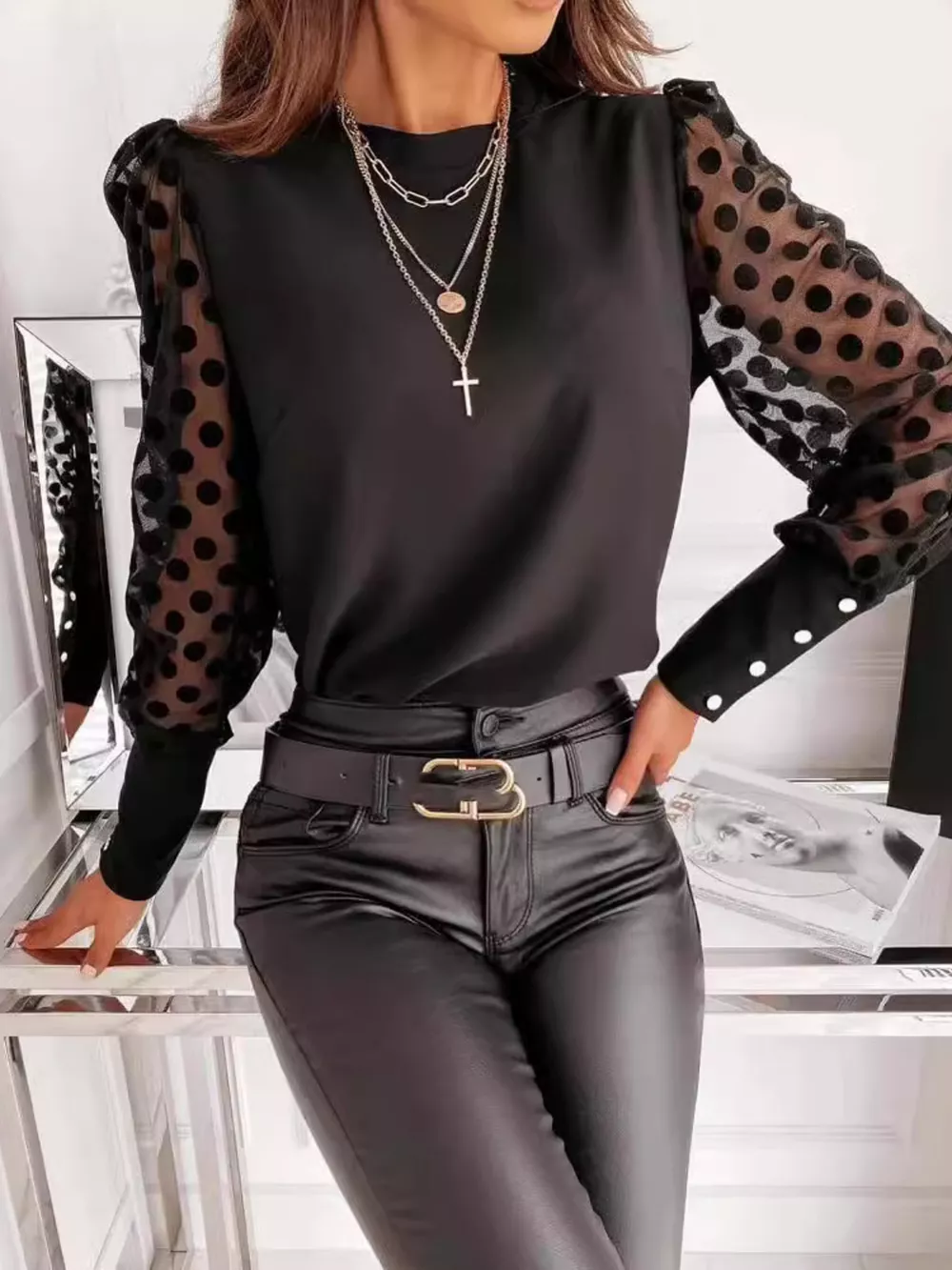 Sheer Polka Dot Sleeve Top, image 5