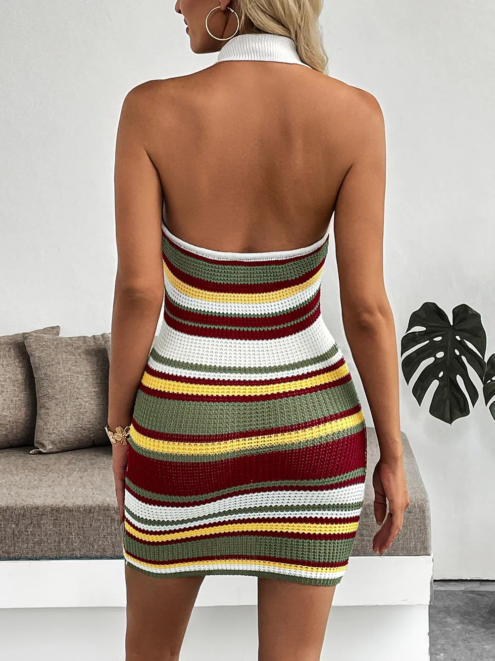 Multi-Color Striped Halter Neck Knit Sweater Dress, image 3