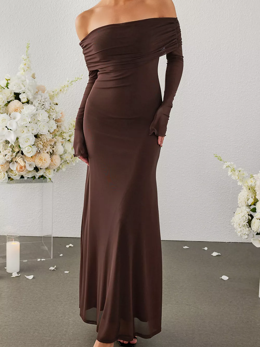 Off-Shoulder Ruched Long Sleeve Maxi Dress, image 18