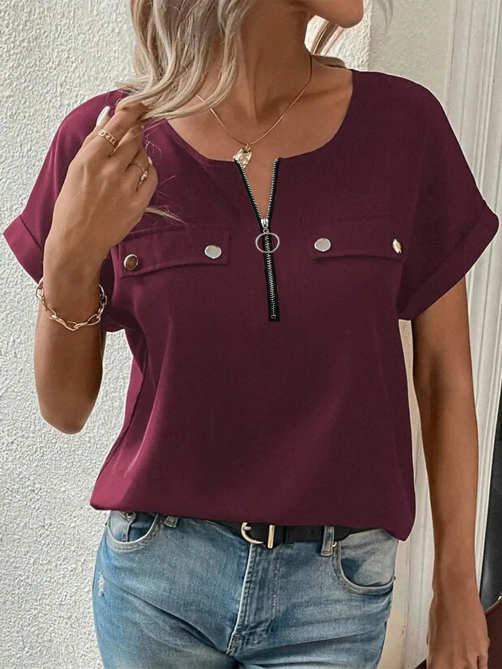 Casual Zipper Front Short Sleeve Blouse, image 4