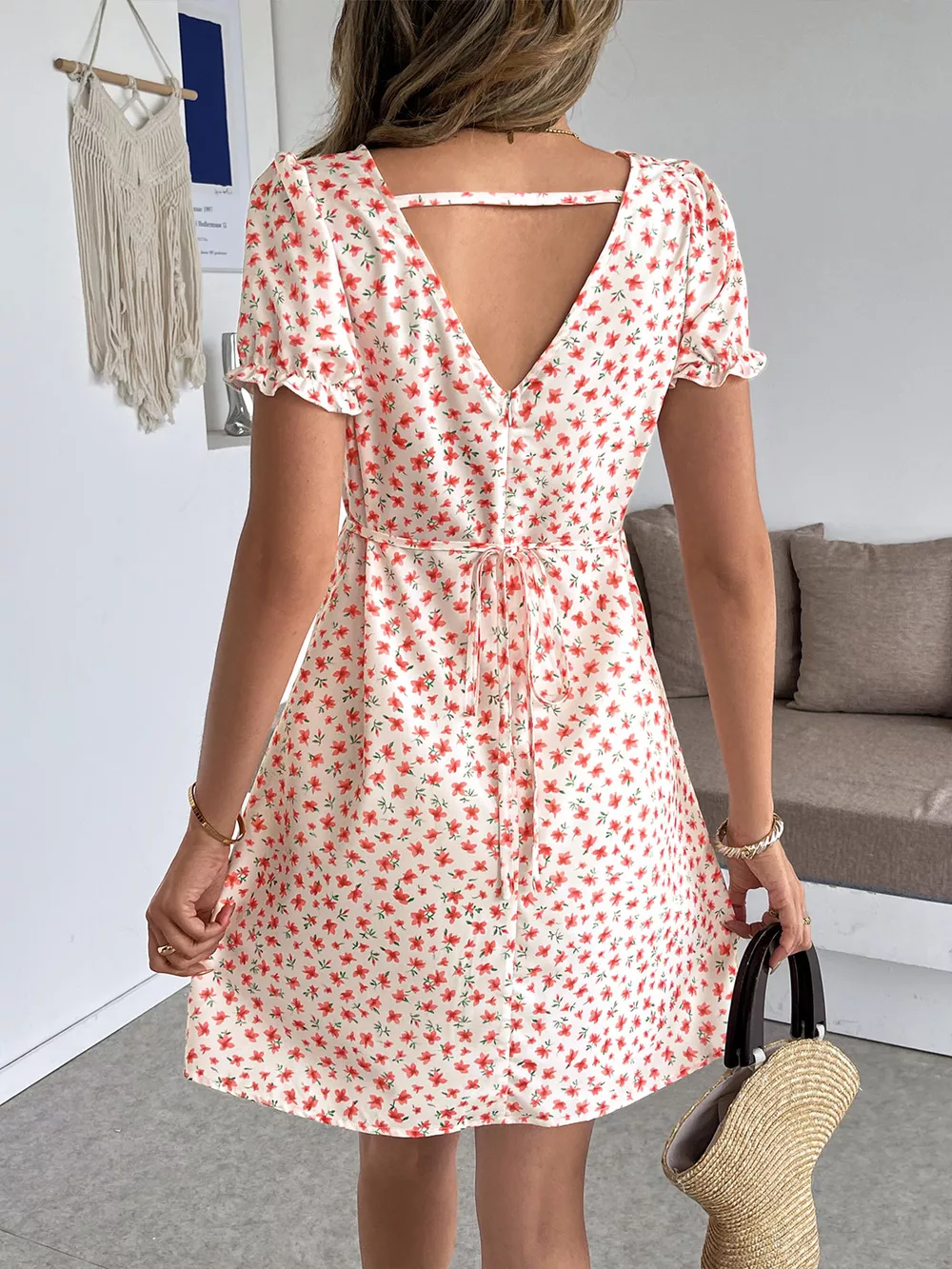Floral Print V-Neck Puff Sleeve Mini Dress, image 6