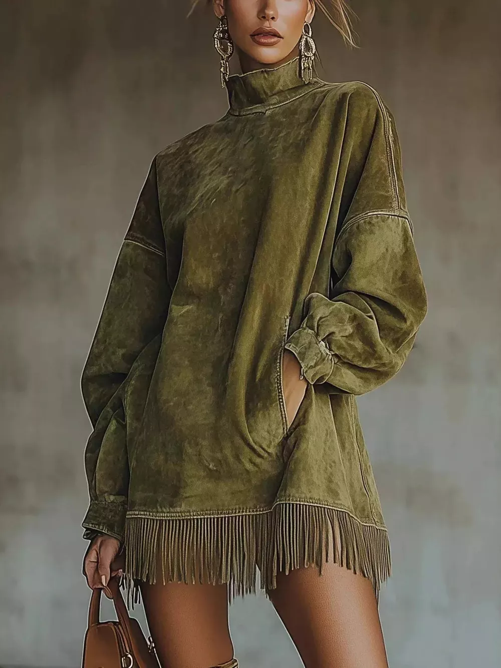 Full Size Mock Neck Fringed Hem Long Sleeve Mini Dress Plus Size, image 6