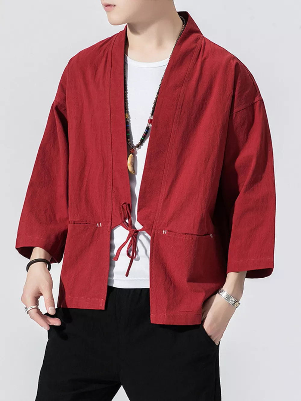 Men's Plus Size Tie Front 3/4 Sleeve Cardigan, image 2