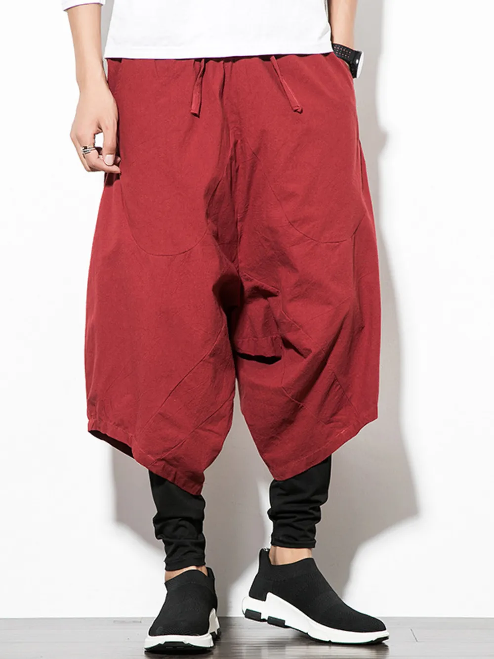 Men's Plus Size Wide Leg Drop Crotch Pants with Drawstring, image 2