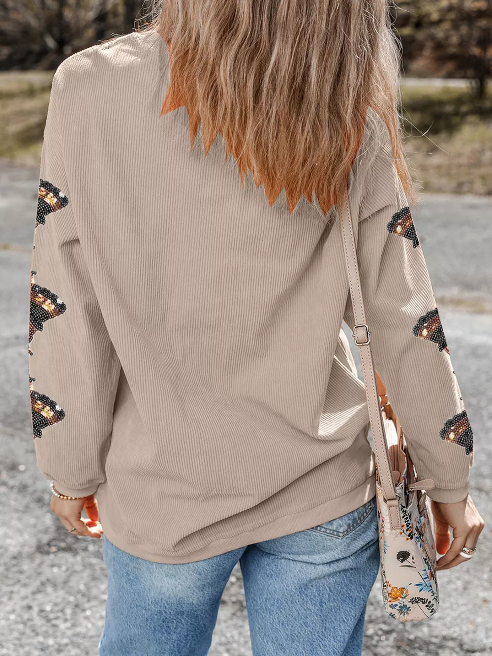 Gobble Corded Ribbed Thanksgiving Turkey Sequin Patched Sleeve Sweatshirt, image 3