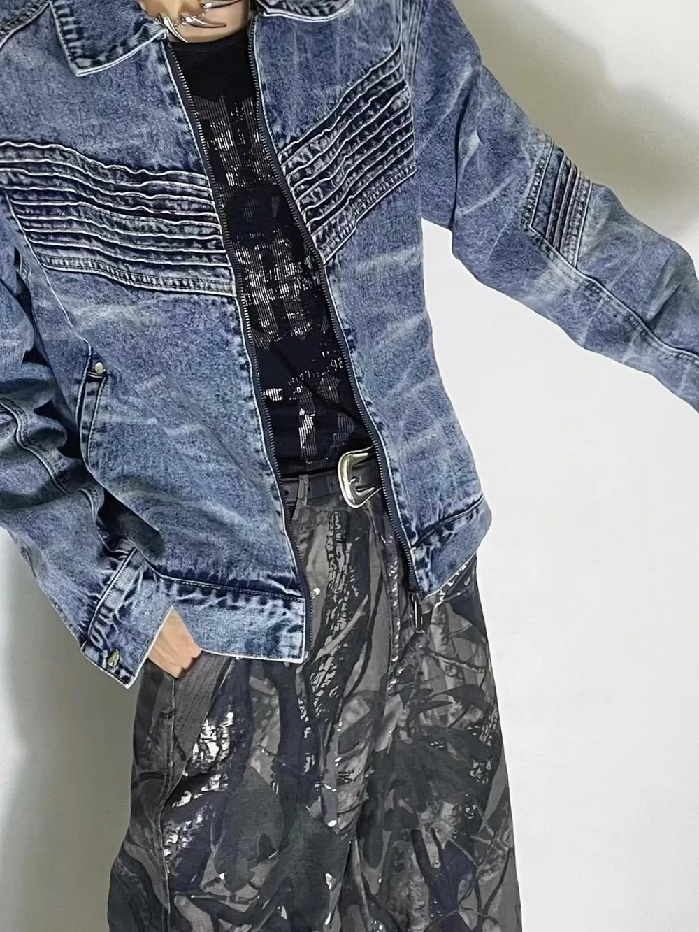 Men's Washed Zip Up Denim Jacket, image 4