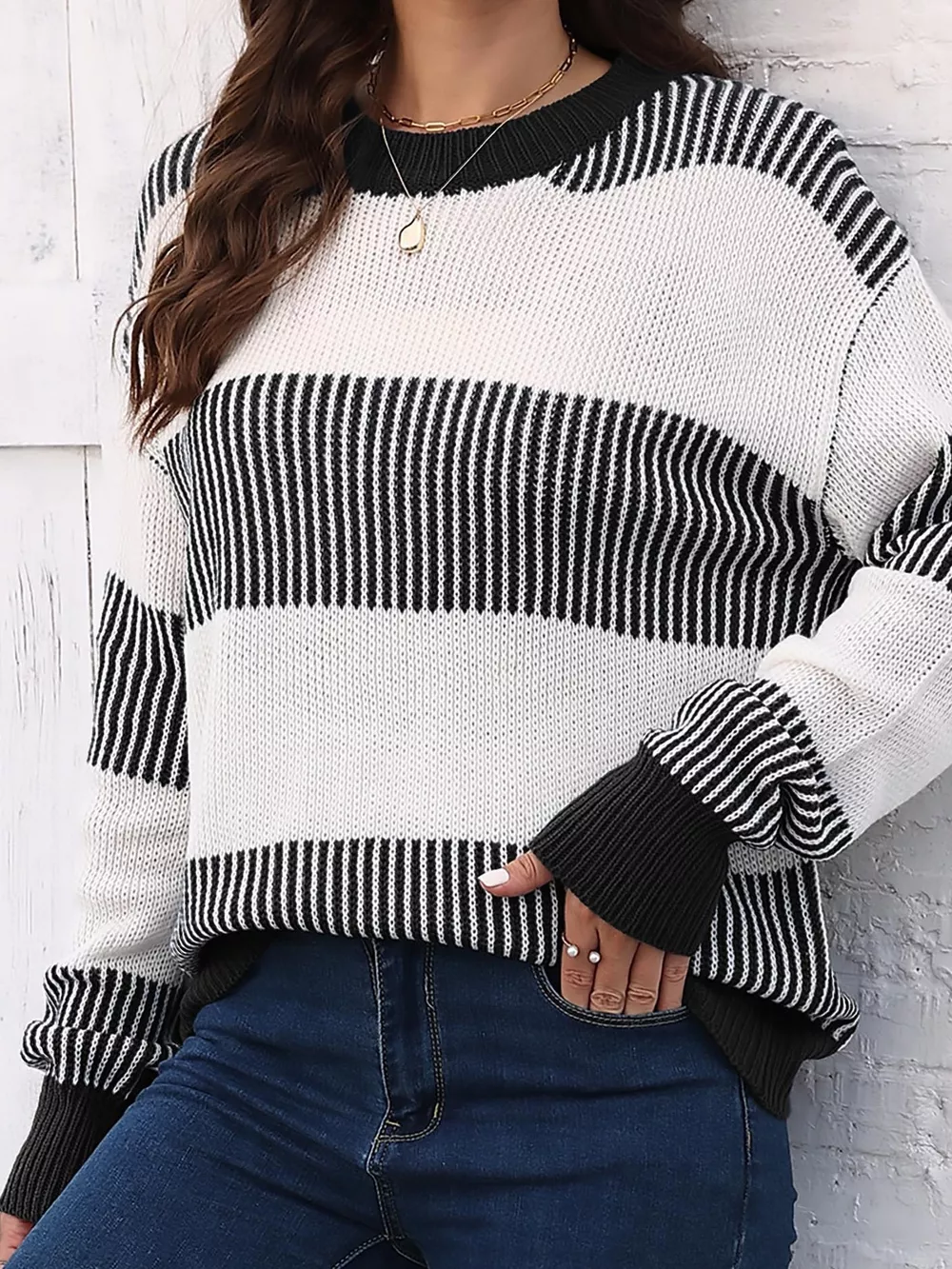 Full Size Striped Color Block Crew Neck Sweater Plus Size, image 11